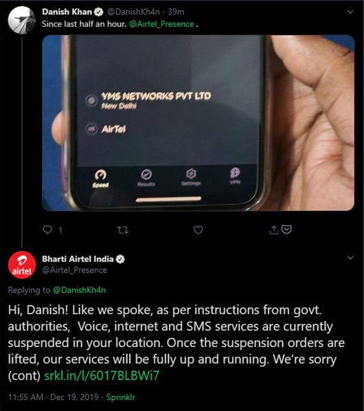 Airtel’s then-deleted tweet noted that the Indian government ordered mobile internet services to be suspended