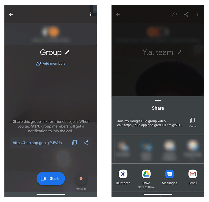 Inviting others to a video call group on Google Duo via link