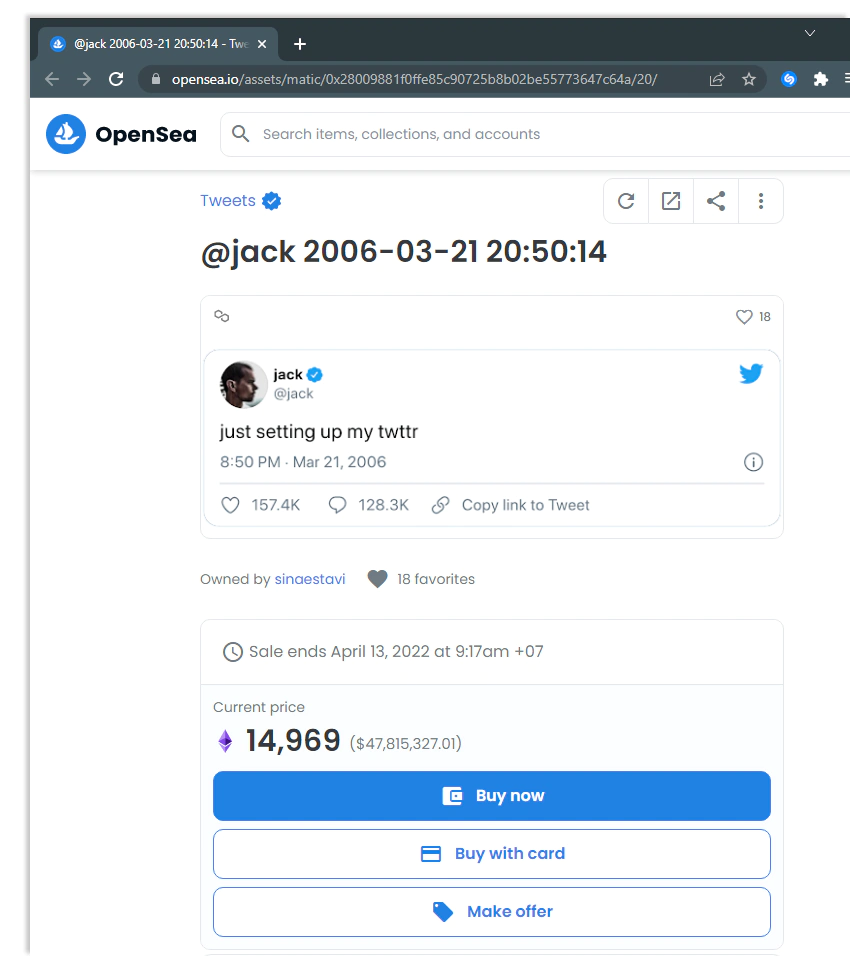 The first-ever tweet is on sale at OpenSea.