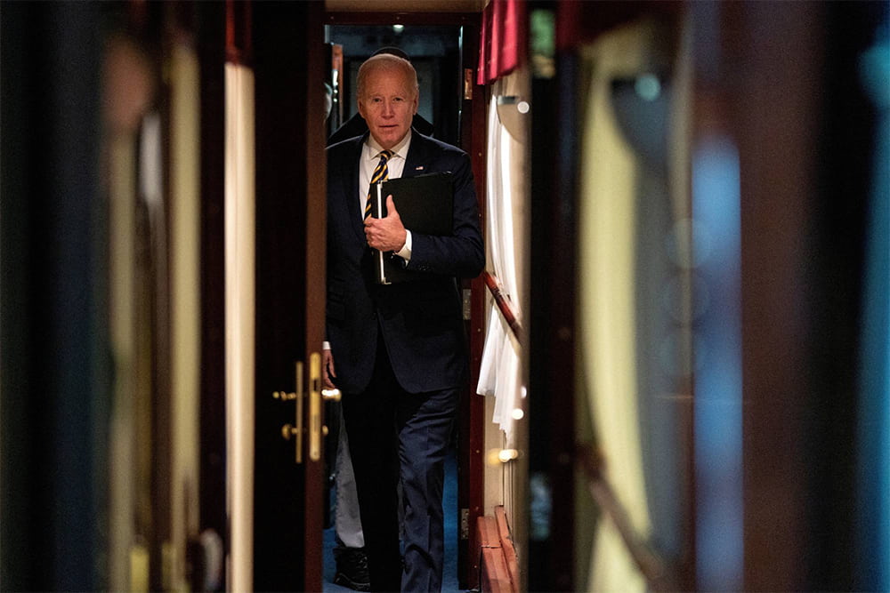 U.S. President Joe Biden boarding a train before heading to Kyiv, Ukraine.