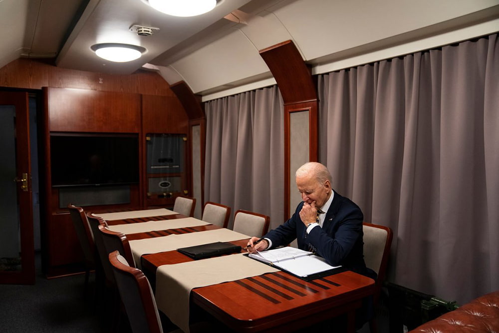 U.S. President Joe Biden boarding a train before heading to Kyiv, Ukraine.