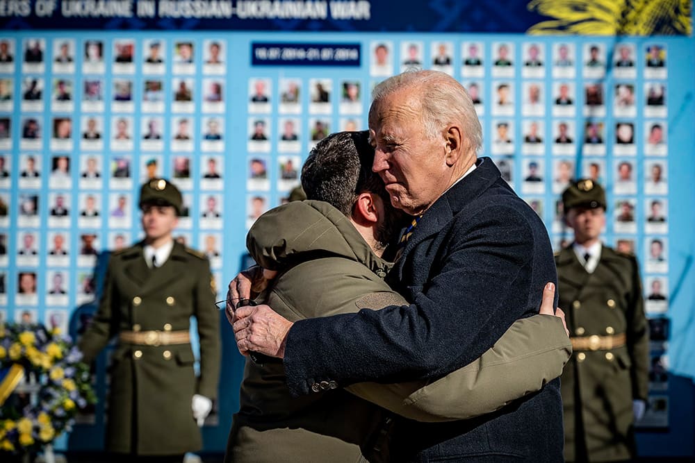 U.S. President Joe Biden embraces Ukraine's President Volodymyr Zelenskyy.