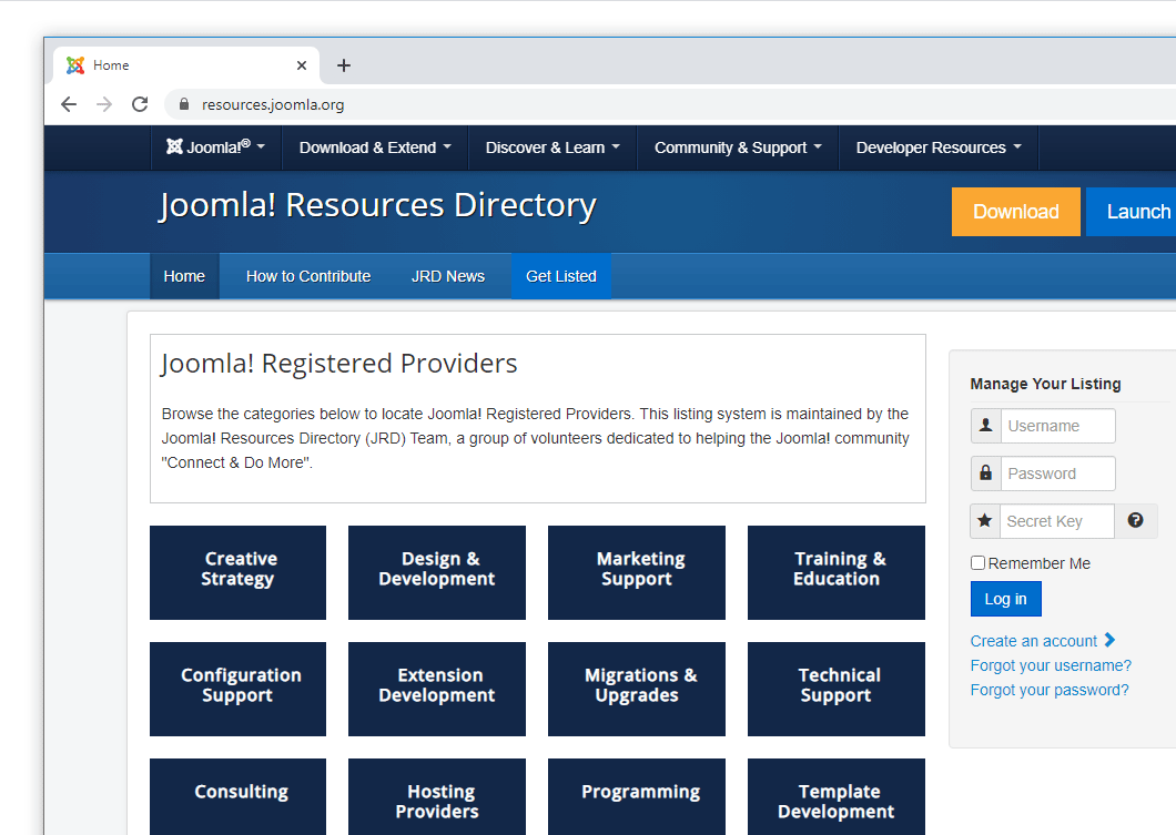 Screenshot of Joomla Resource Directory website.