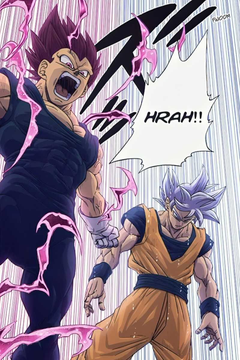 Decades later, an Ultra Ego Vegera and an Ultra Instinct Son Goku, fighting side-by-side.