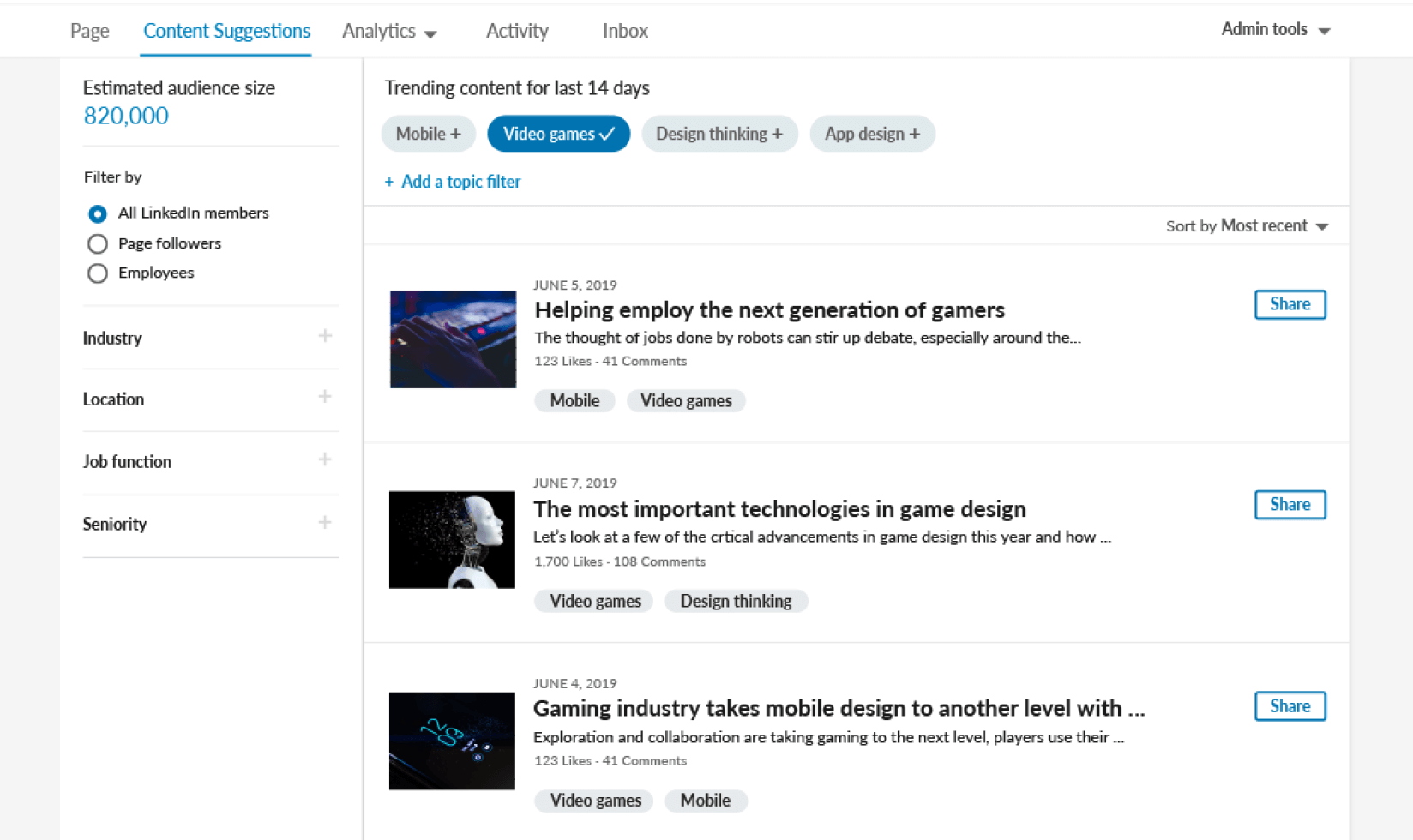 LinkedIn content suggestion tool