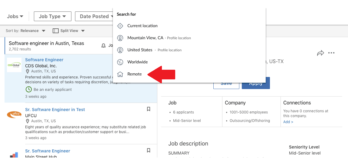 LinkedIn - search for remote jobs