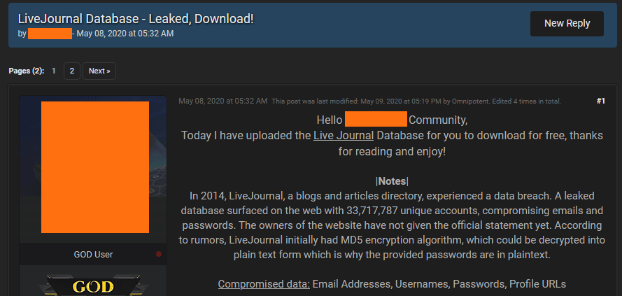 LiveJournal user credentials being sold on dark web forum