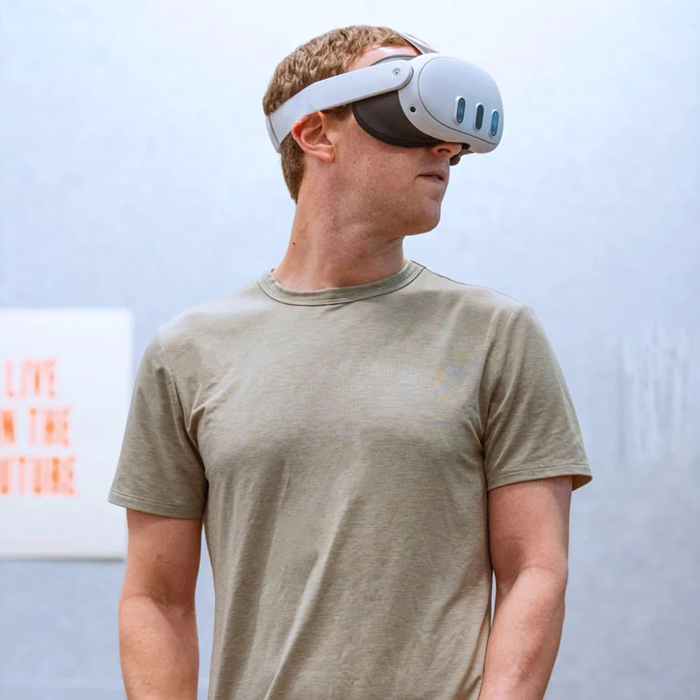 Mark Zuckerberg, CEO and founder of Meta, wearing the Meta Quest 3 headset
