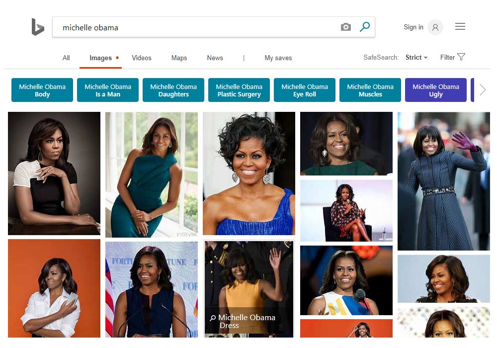 Bing in showing inappropriate results when searching for Michelle Obama
