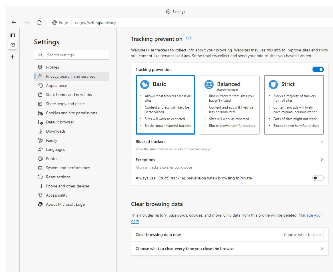 Microsoft Edge, Basic, Balanced, Strict mode