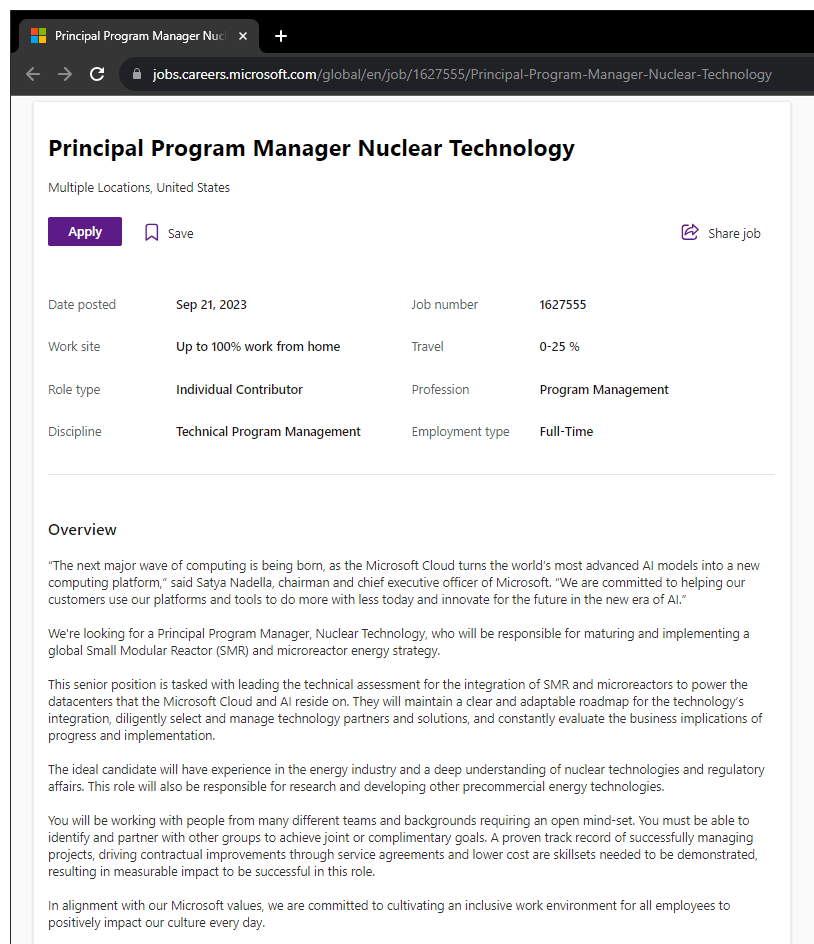 Microsoft posted a job for a principal program manager of nuclear technology.
