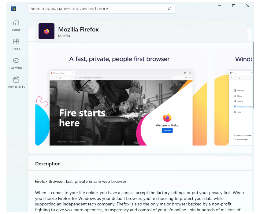 Mozilla Firefox on Microsoft Store