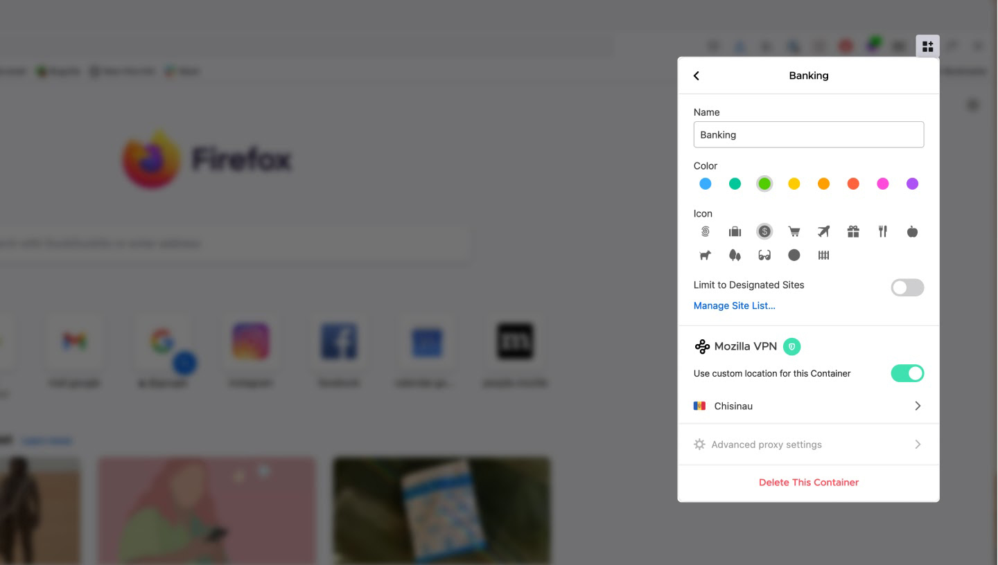 Mozilla, multi-account container, VPN.