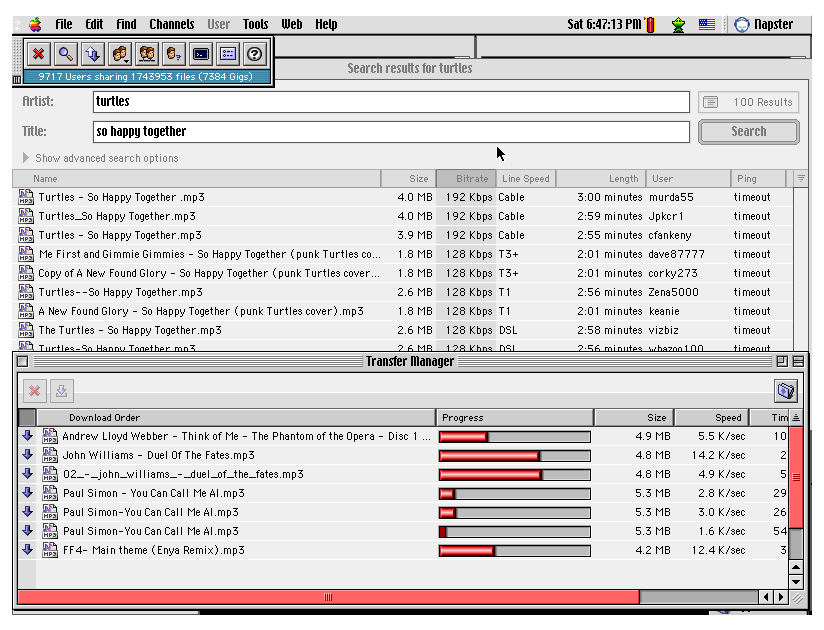 Napster on MacOS 9, on March 2001