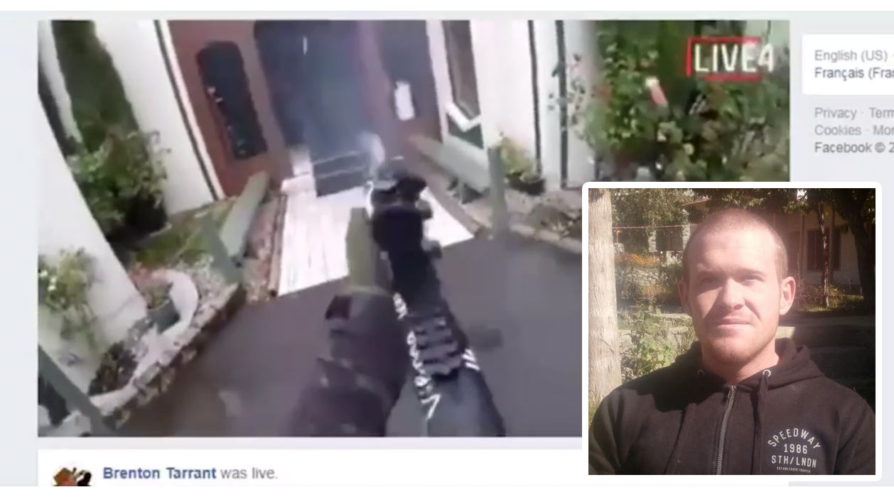 A screenshot of the massacre livestream, and a photo of Brenton Harrison Tarrant