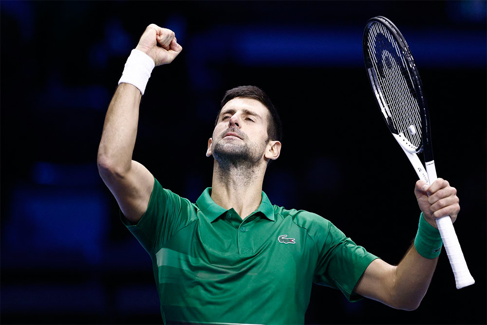Serbia's Novak Djokovic celebrates after winning his group stage match against Greece's Stefanos Tsitsipas on November 14th, 2022.