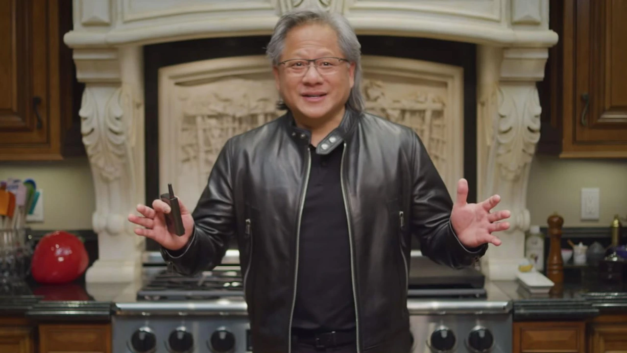 A screenshot of Jensen Huang, CEO of Nvidia, in one of his keynotes