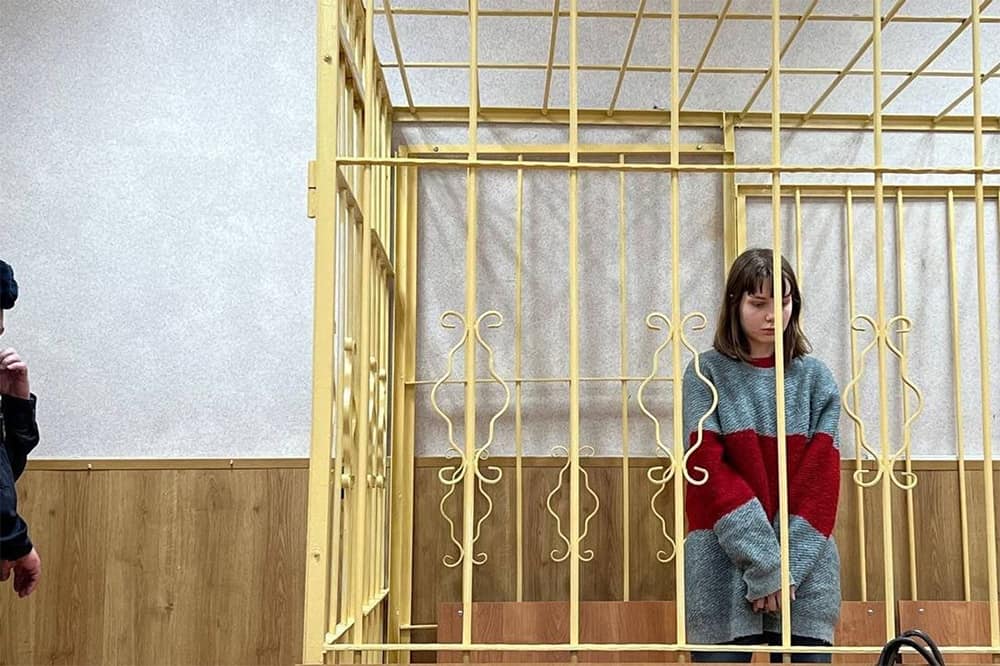 Olesya Krivtsova, pictured at a court hearing, before she was put under house arrest at her mother's apartment