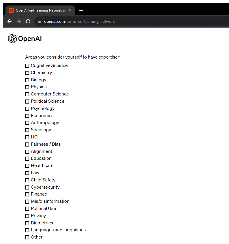 The OpenAI Red Teaming Network application asks applicants about their domains of expertise.