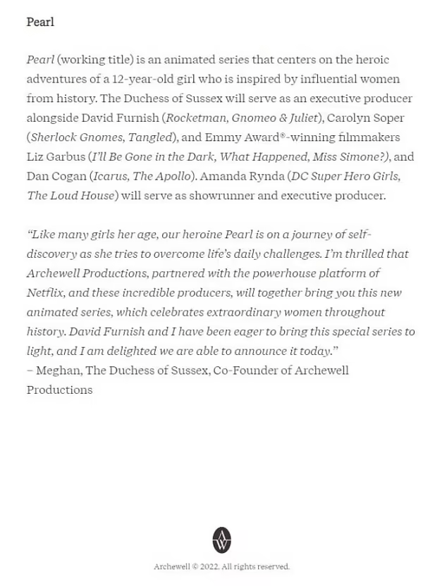 A reference to Pearl on Archewell Productions, which has been removed.