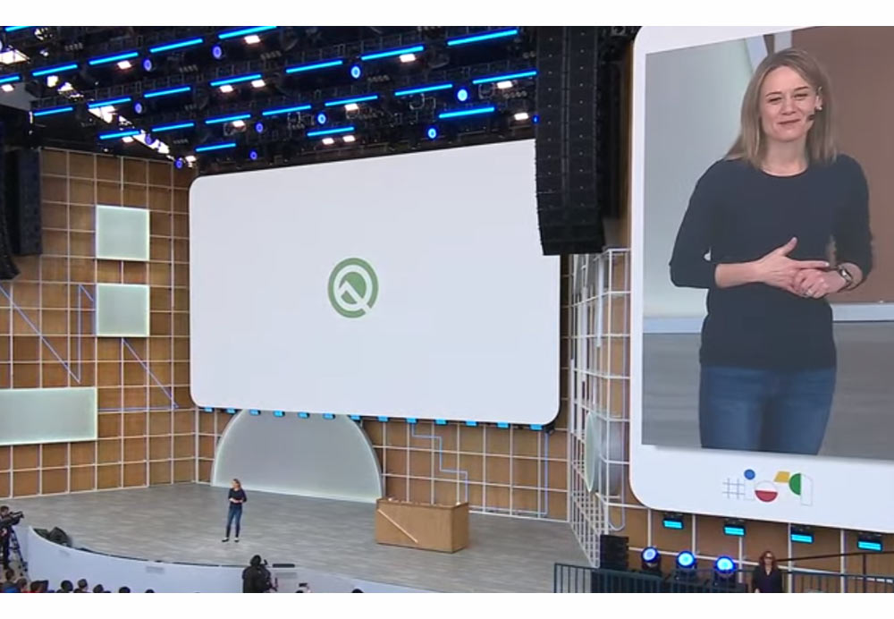 Stephanie Cuthbertson on stage at I/O 2019, announcing Project Mainline