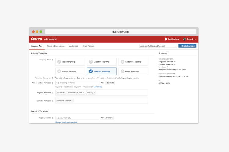 Quora Keyword Targeting