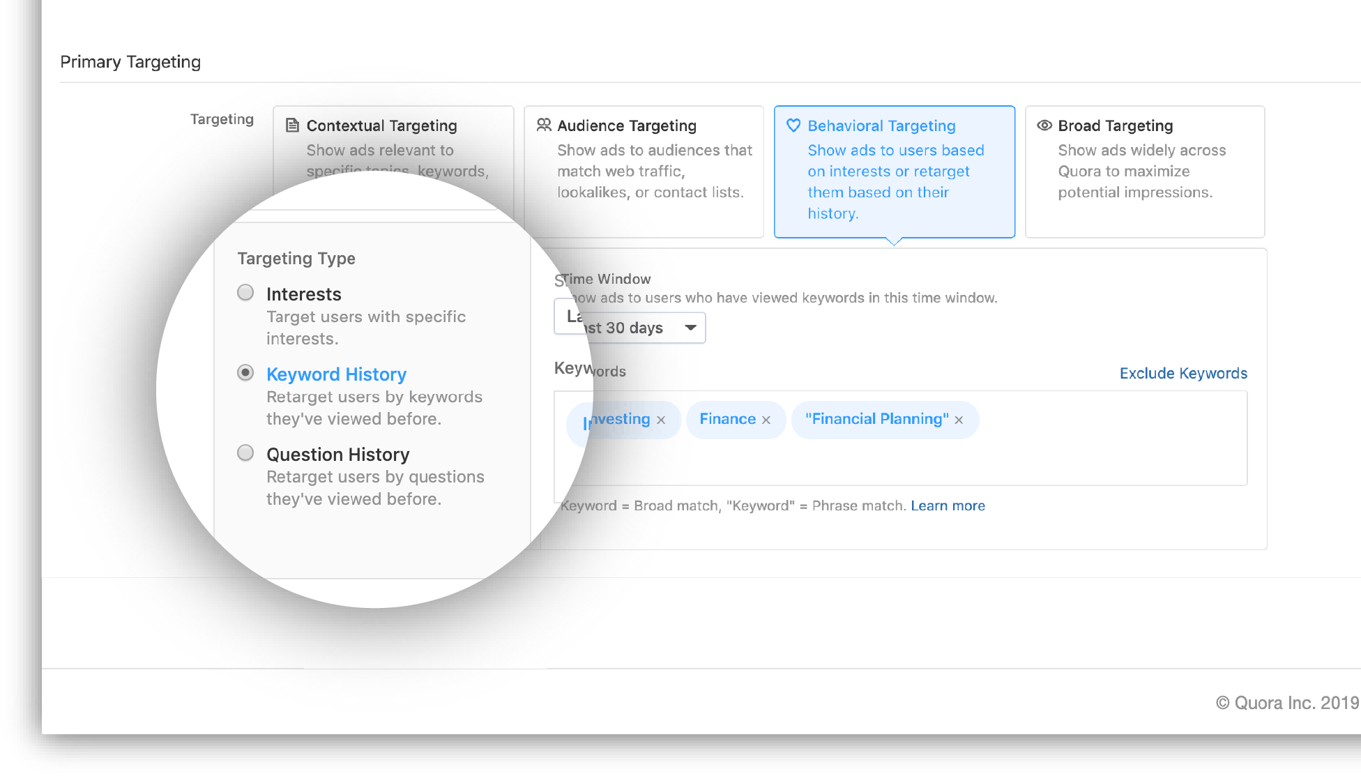 Quora - keyword and history targeting