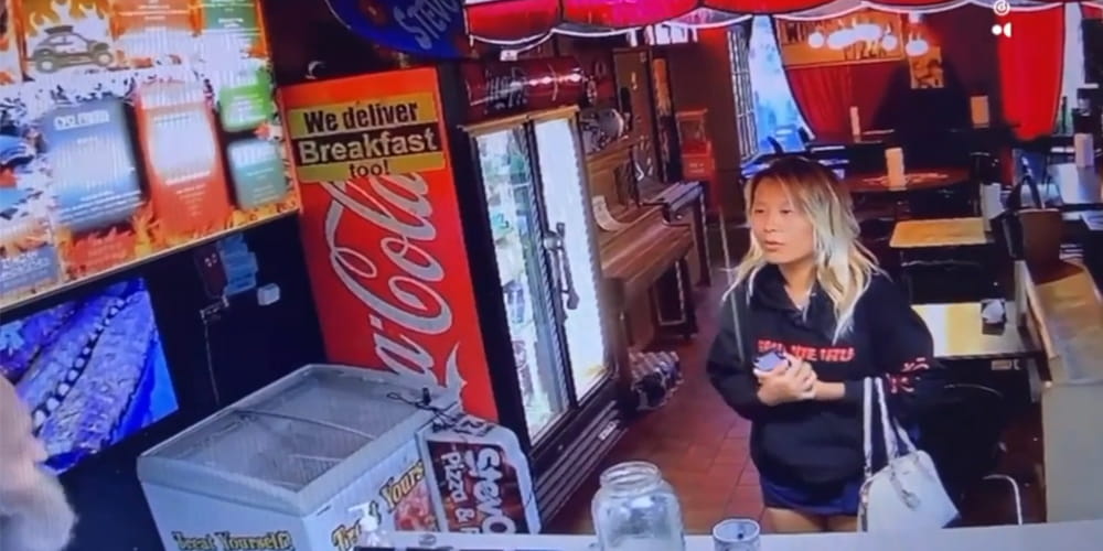 A surveillance camera footage showing Raina Huang at StevO’s Pizza n Ribs in Aurora, Colorado, U.S..