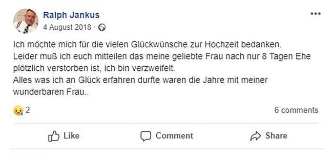 Ralph Jankus went to social media to announce the death of the woman he just married days earlier.
