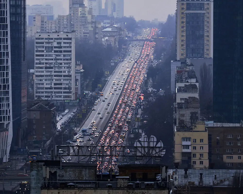 Heavy traffic from people trying to flee Kyiv following missile strikes attacking the Ukraine’s capital