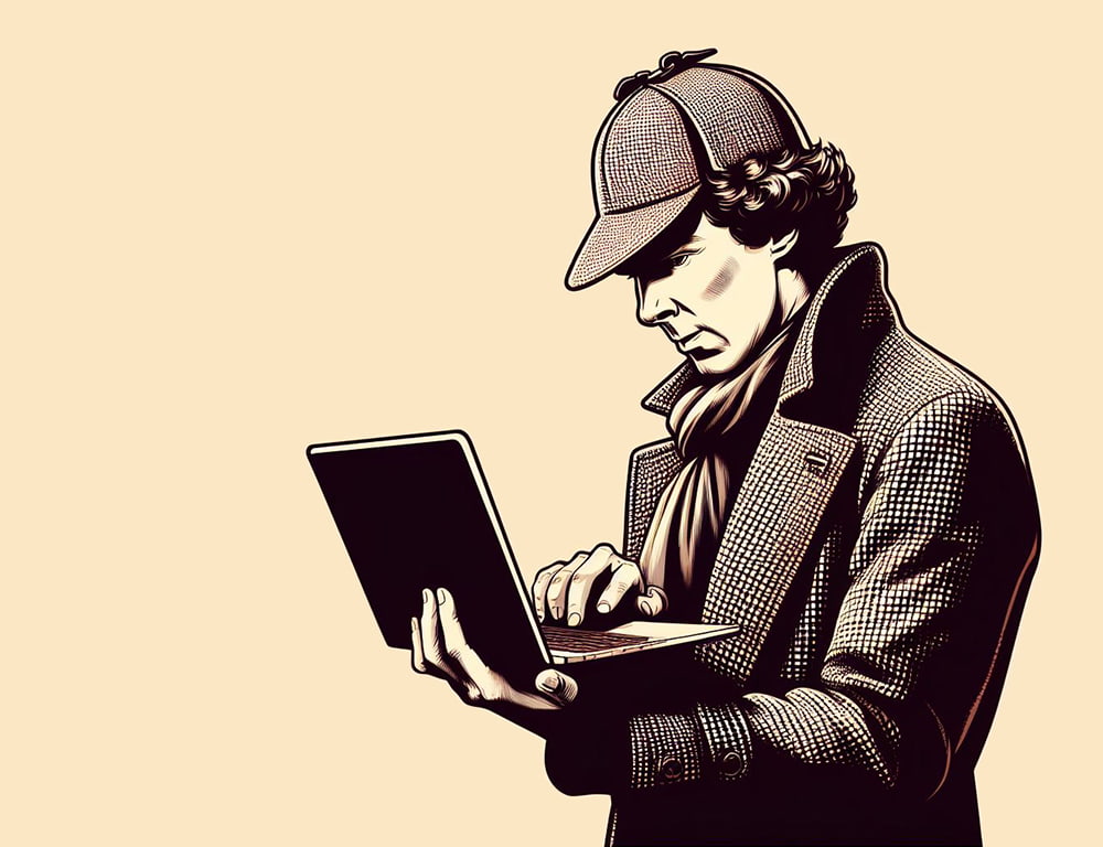 Sherlock Holmes, laptop.