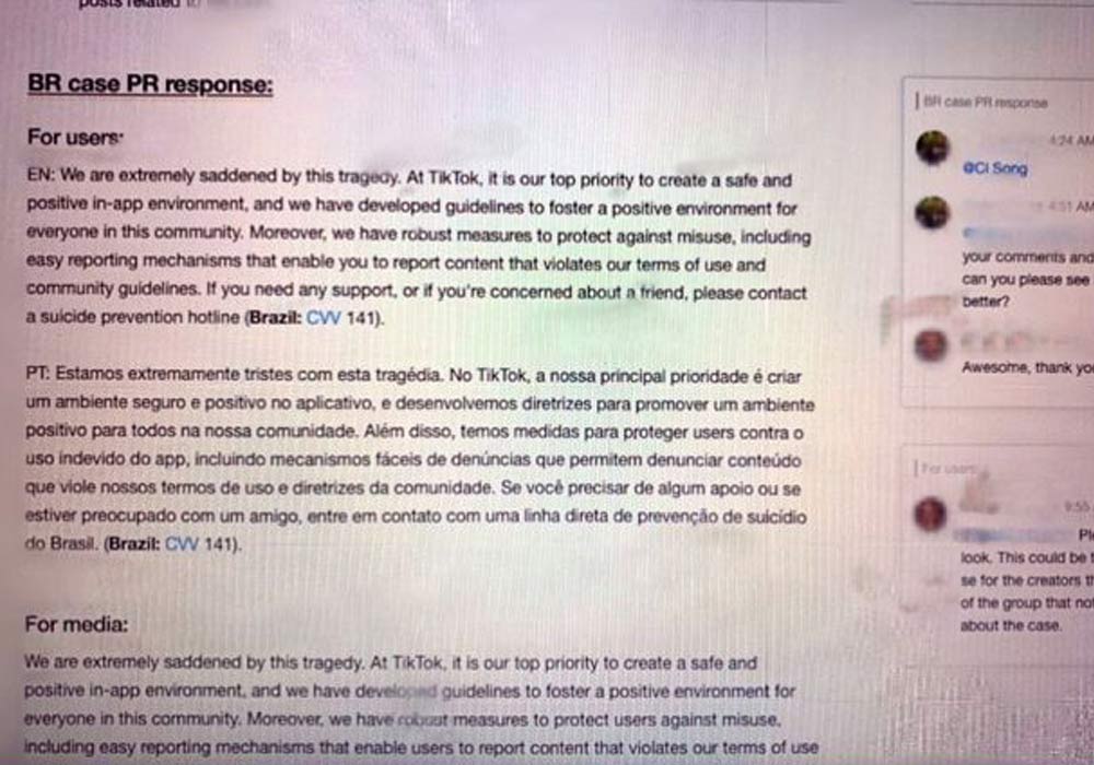 TikTok was busy creating some PR responses, and not immediately alerting the authorities about João's suicide