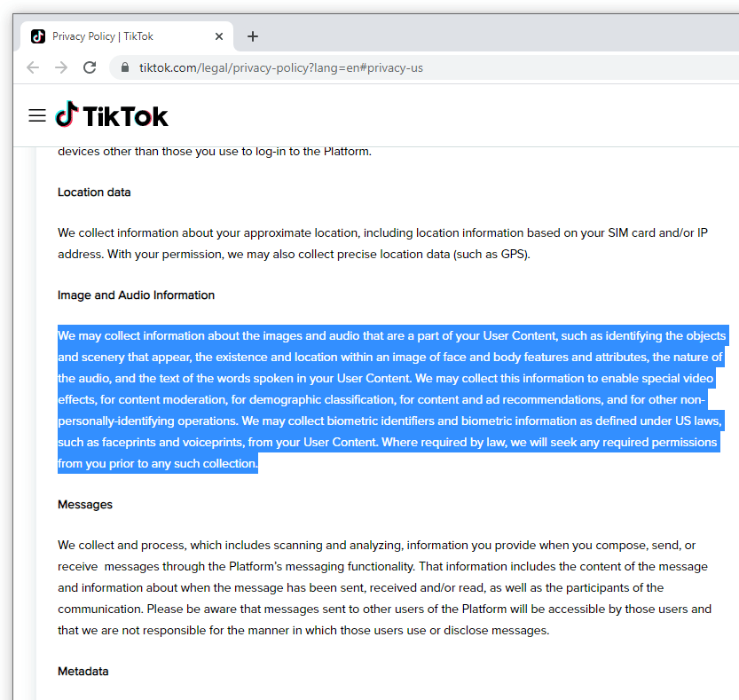 TikTok, Privacy Policy U.S.