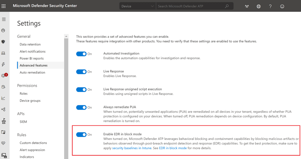 At least initially, users need to manually turn on the 'EDR in block mode' manually.