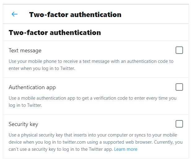 Twitter's 2FA options