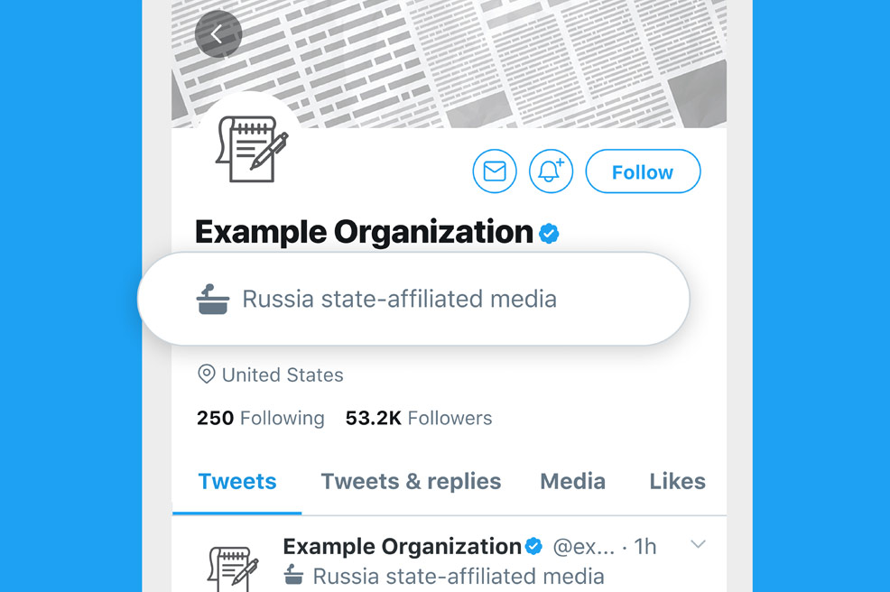 Twitter label on accounts belonging to state-affiliated media entities, their editors-in-chief, and/or their senior staff