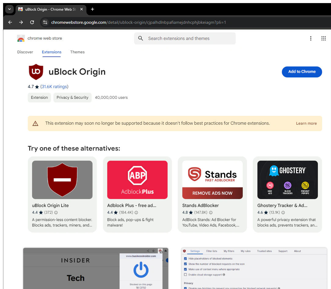 uBlock Origin, blocked