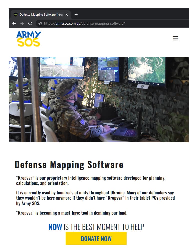 The website of ArnySOS' website, showing the web page for Kropyva