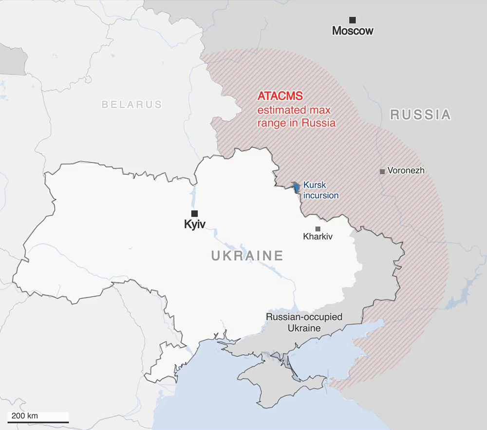 Range of an ATACMS missile fired from area of Ukraine not occupied by Russia, as of November 17, 2024