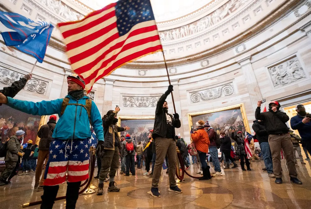 Rioters in the Capitol's rotunda after breaching the building on January 6, 2021.