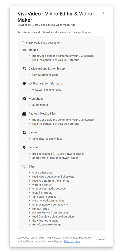 VivaVideo app, permission list