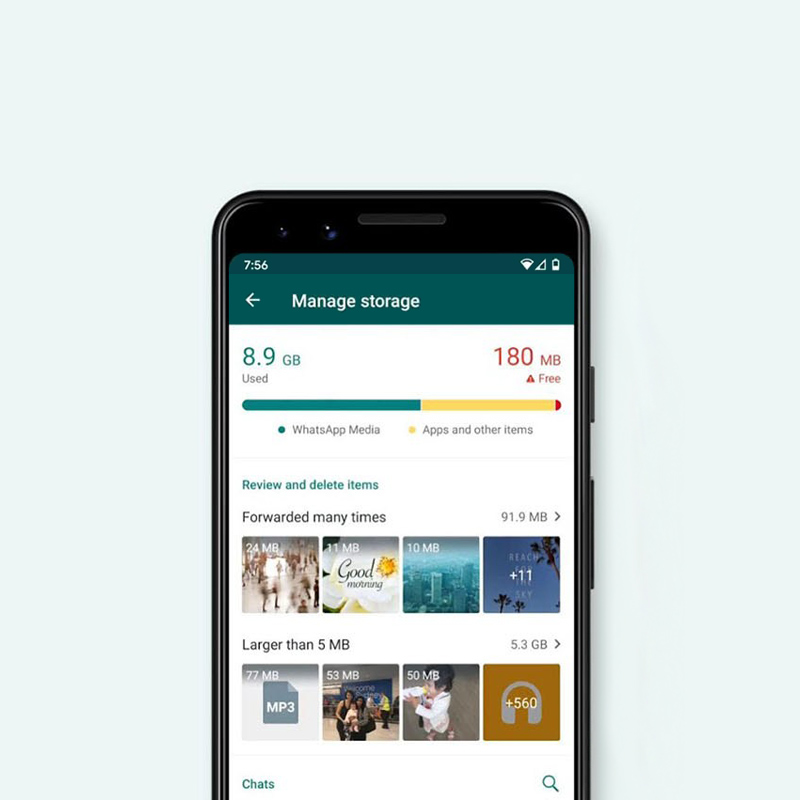 WhatsApp manage storage, Android