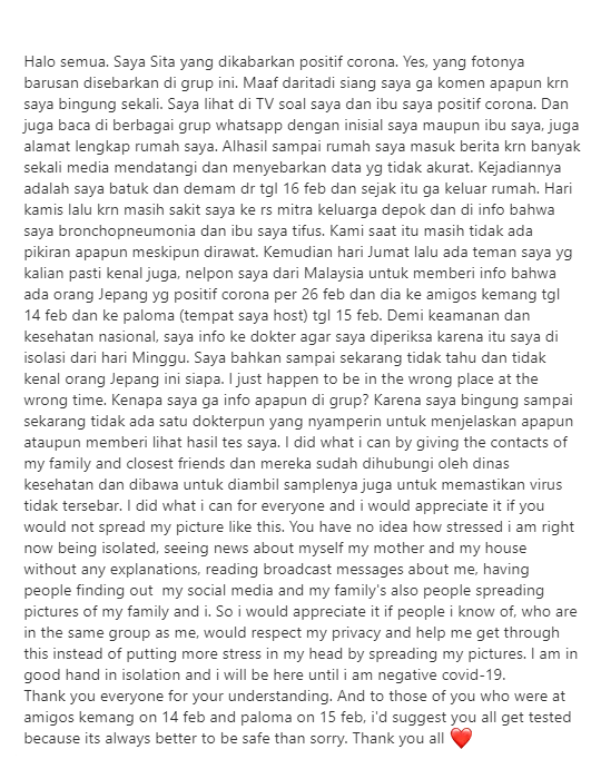 Case 1's WhatsApp message to clarify what the media and the internet say about them