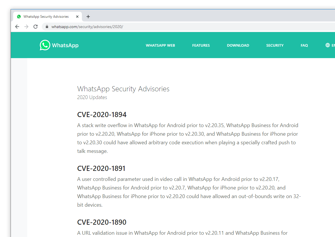 WhatsApp portal showing its security advisories page for 2020