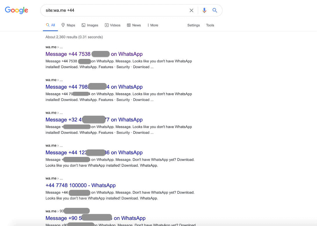 This appeared on Google search results when querying for WhatsApp users in the UK