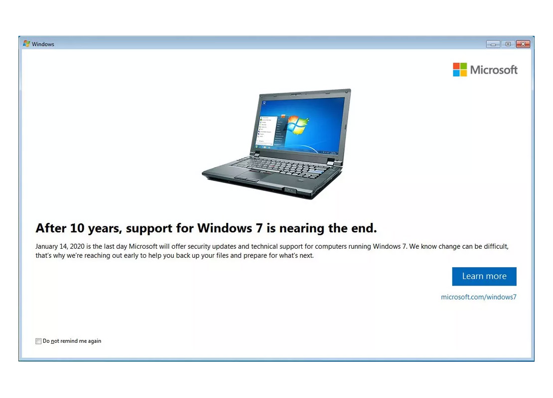An update to Windows 7 shows its users about the end of the support, urging them to upgrade