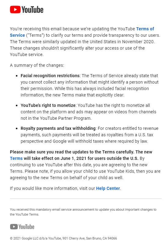 YouTube email, policy change