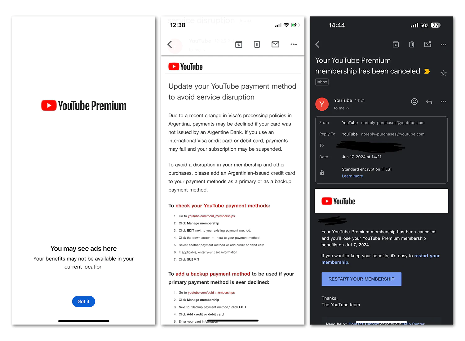 YouTube Premium blocked.