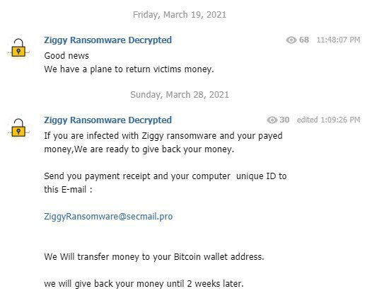 The administrators of the Ziggy ransomware saying that they want to return their victim's money